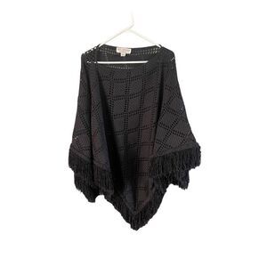 St. John Collection Women Black Ladder Lace Cut-Out Fringe Poncho Sweater Large